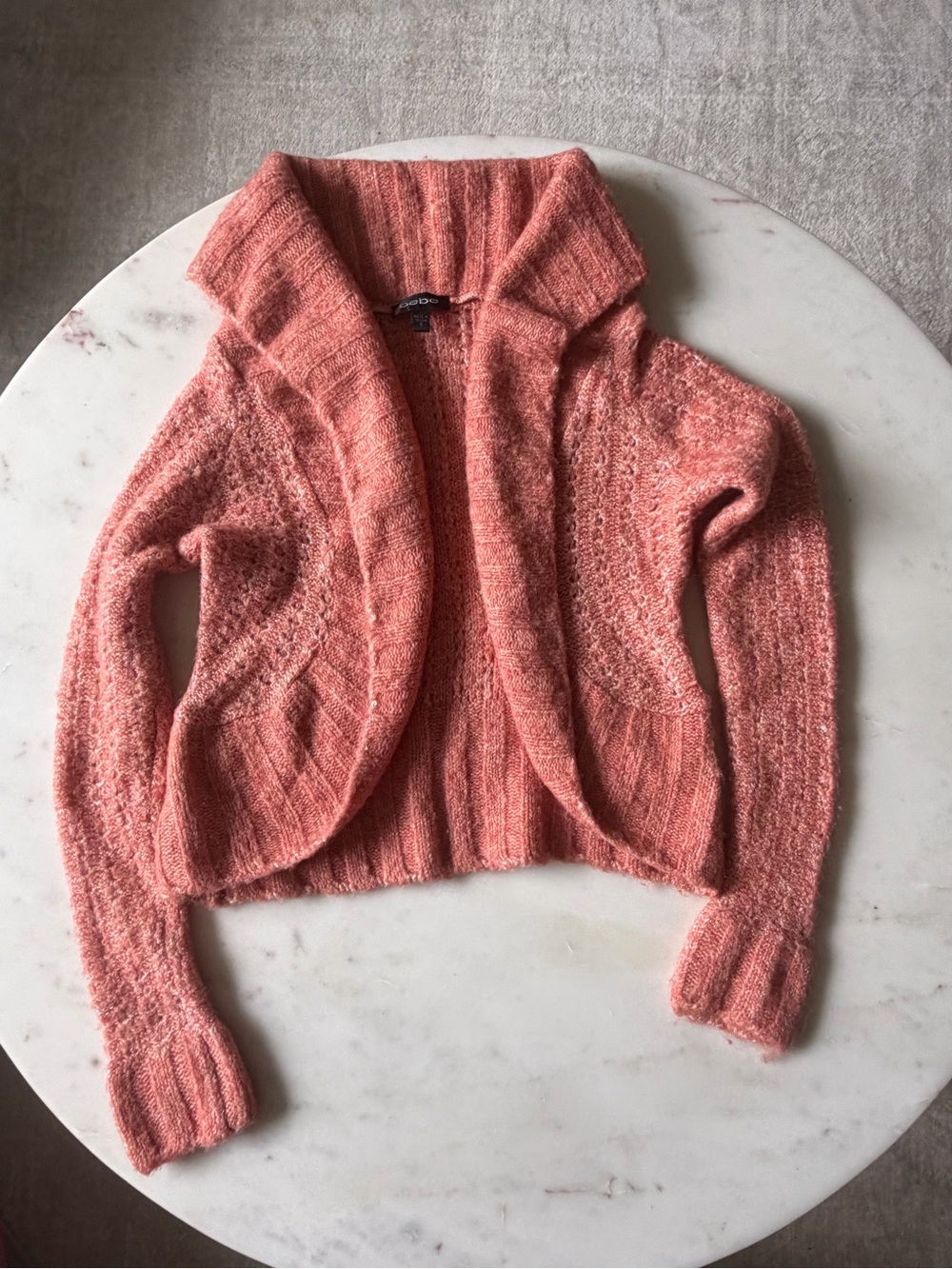 Y2K bebe Coral Shrug Bolero Cardigan Shawl Collar Pointelle Knit Fuzzy Cropped - Picture 5 of 7